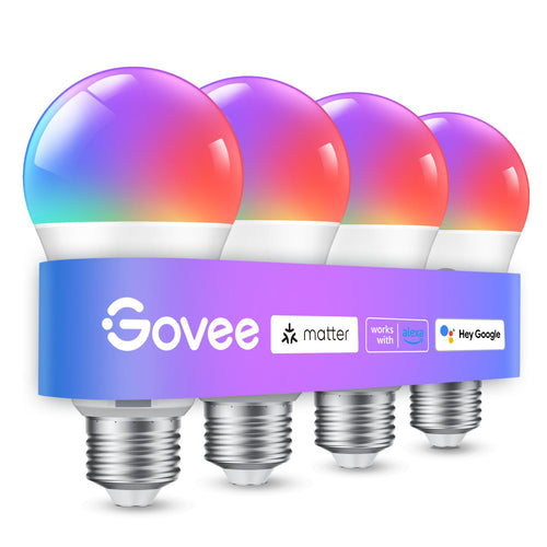 مصابيح Govee الذكية، مصباح يغير الألوان، يعمل مع Alexa و Google Assistant، 16 مليون لون RGBWW، مصابيح LED واي فاي وبلوتوث، مزامنة الموسيقى، A19، 800 لومن، عبوة من 4 قطع