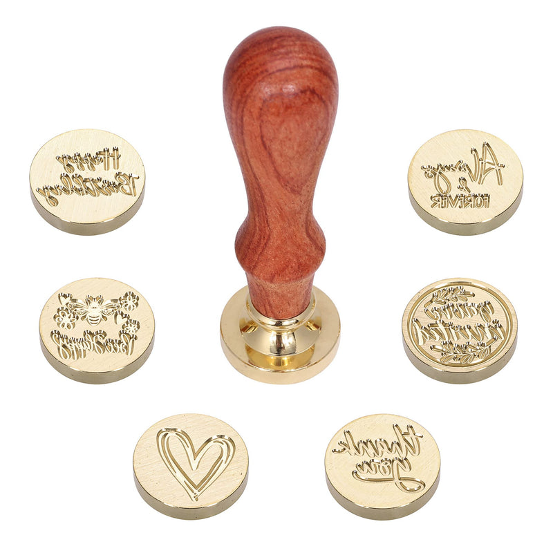 Yoption Wax Seal Stamp Gift Box Kit, 6 Pieces Blessing Sealing Wax Stamp Heads with 1 Wooden Hilt Set, Wax Stamp Kit for Envelopes Invitation Card Gift Decoration (Phrases Series)