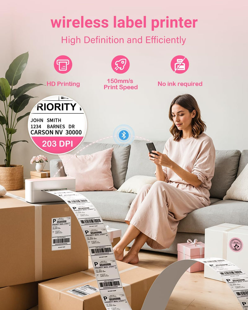 ASprink Bluetooth Thermal Label Printer 4x6 - 241BT Wireless Shipping Label Printer for Small Business - Pink Thermal Label Printer Shipping Label Makers, Compatible with iPhone, Usps, USPS, Amazon