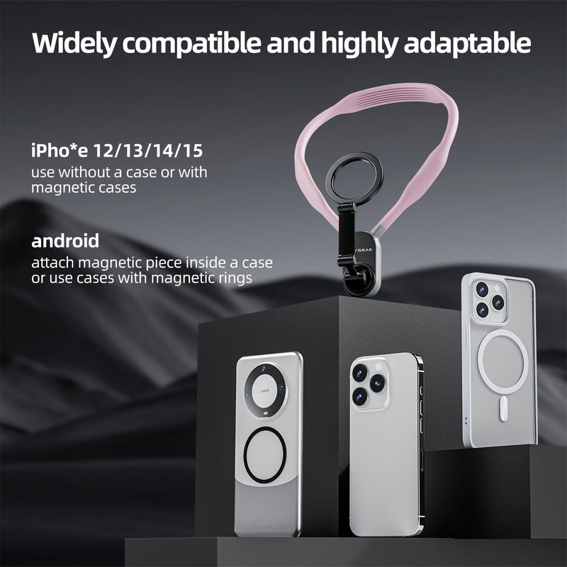 JDB Magnetic Neck Mount for Phones, Neck Cell Phone Holder POV/Vlog Selfie Mount Hand Free Phone Neck Holder Chest Stand Strap Video Recording for iPhone 15 14 13 12 Seires Android Phones （Pink